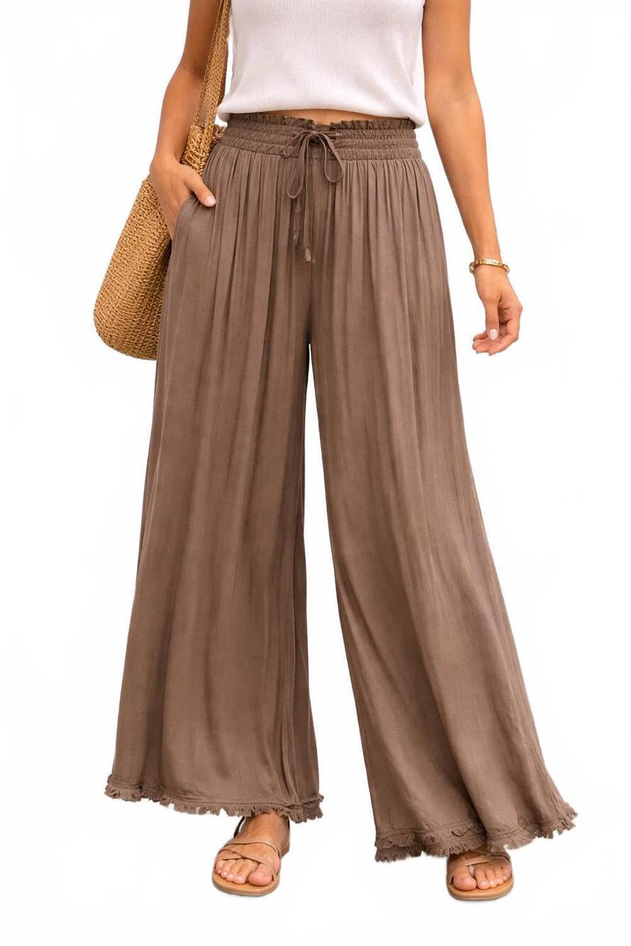 NEW MILIO MILANO viscose drawstring waist distressed hem palazzo pant in mocha